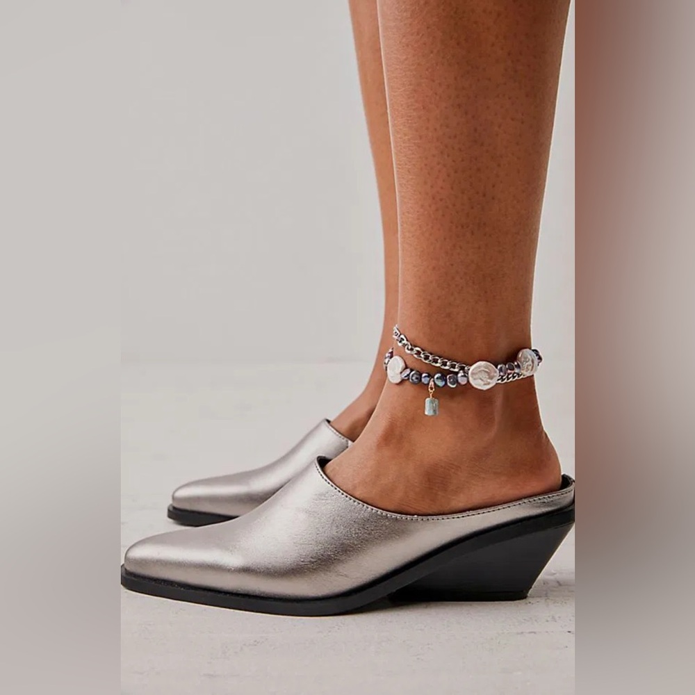 Free People Metallic Silver Leather Mule Clogs